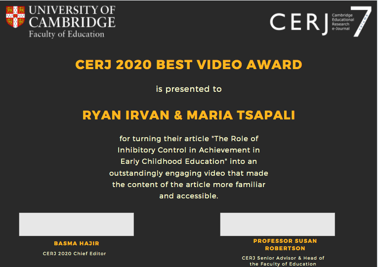 CERJCambridge's tweet photo. During volume 7 launch, Ryan Irvan &amp; Maria Tsapali received the Best Video Award for turning their paper into an outstandingly engaging video that made the content of their article more familiar and accessible. You can watch the video here. 

https://t.co/jLnH1bgKVV https://t.co/n4EDGqoRbB