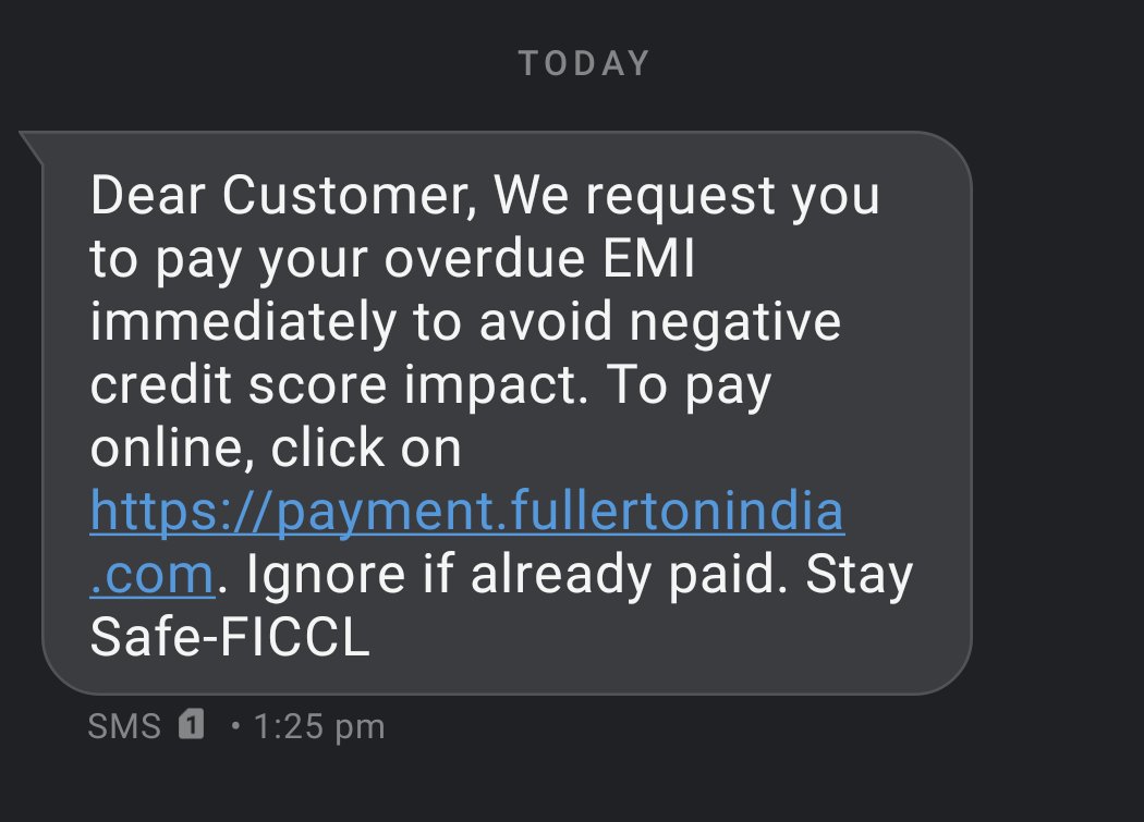 CIBIL score downgrade soft threat by @1FullertonIndia
#SaveMiddleClass
जब तक कमाई नहीं।
तब तक EMI  नहीं।।
<a href="/narendramodi/">Narendra Modi</a> <a href="/AmitShah/">Amit Shah</a> <a href="/rashtrapatibhvn/">President of India</a> <a href="/rajnathsingh/">Rajnath Singh</a> <a href="/nsitharaman/">Nirmala Sitharaman</a> <a href="/RBI/">ReserveBankOfIndia</a> <a href="/DasShaktikanta/">Shaktikanta Das</a> 
<a href="/FinMinIndia/">Ministry of Finance</a> <a href="/LCAI_Support/">Loan Consumers Association</a> 
<a href="/RMASindia/">RMAS Foundation #MIDDLE_CLASS (Mission 21K )</a> <a href="/PMOIndia/">PMO India</a> #Local4Diwali <a href="/CIBIL_Official/">CIBIL</a>
