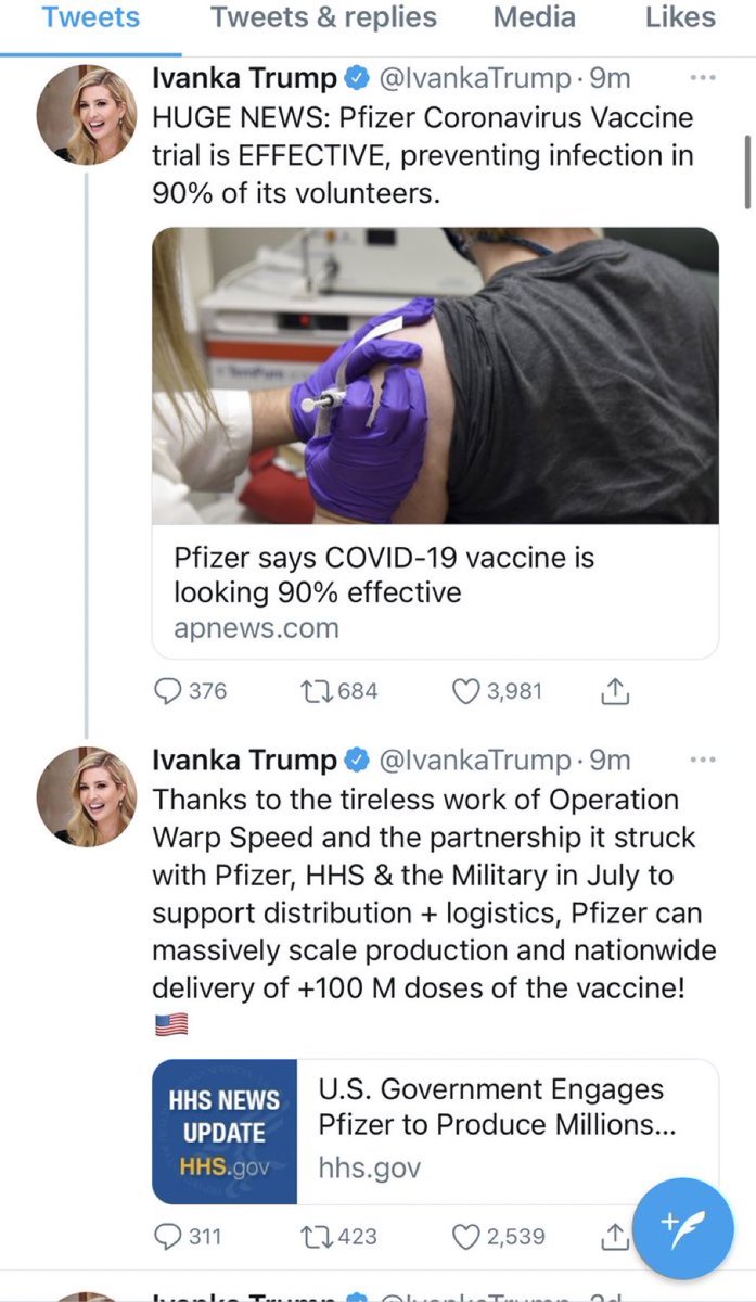 So, ummm...  @IvankaTrump, it’s exciting but you need to kinda mention it’s only the results from only the *first 7 days*. Pfizer vaccine needs a later booster shot too. So 7 days isn’t nearly enough data. We need longer trial data on  #COVID19 efficacy & safety. Simmer down now.