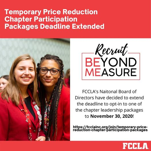 NationalFCCLA's tweet photo. It’s not too late to participate in one of FCCLA’s temporary price reduction chapter participation packages offered exclusively this year! FCCLA’s Board of Directors have extended the deadline to November 30, 2020 to all states who have decided to opt-in.

https://t.co/9v5NBZmyfz https://t.co/BVcIyFCxHL