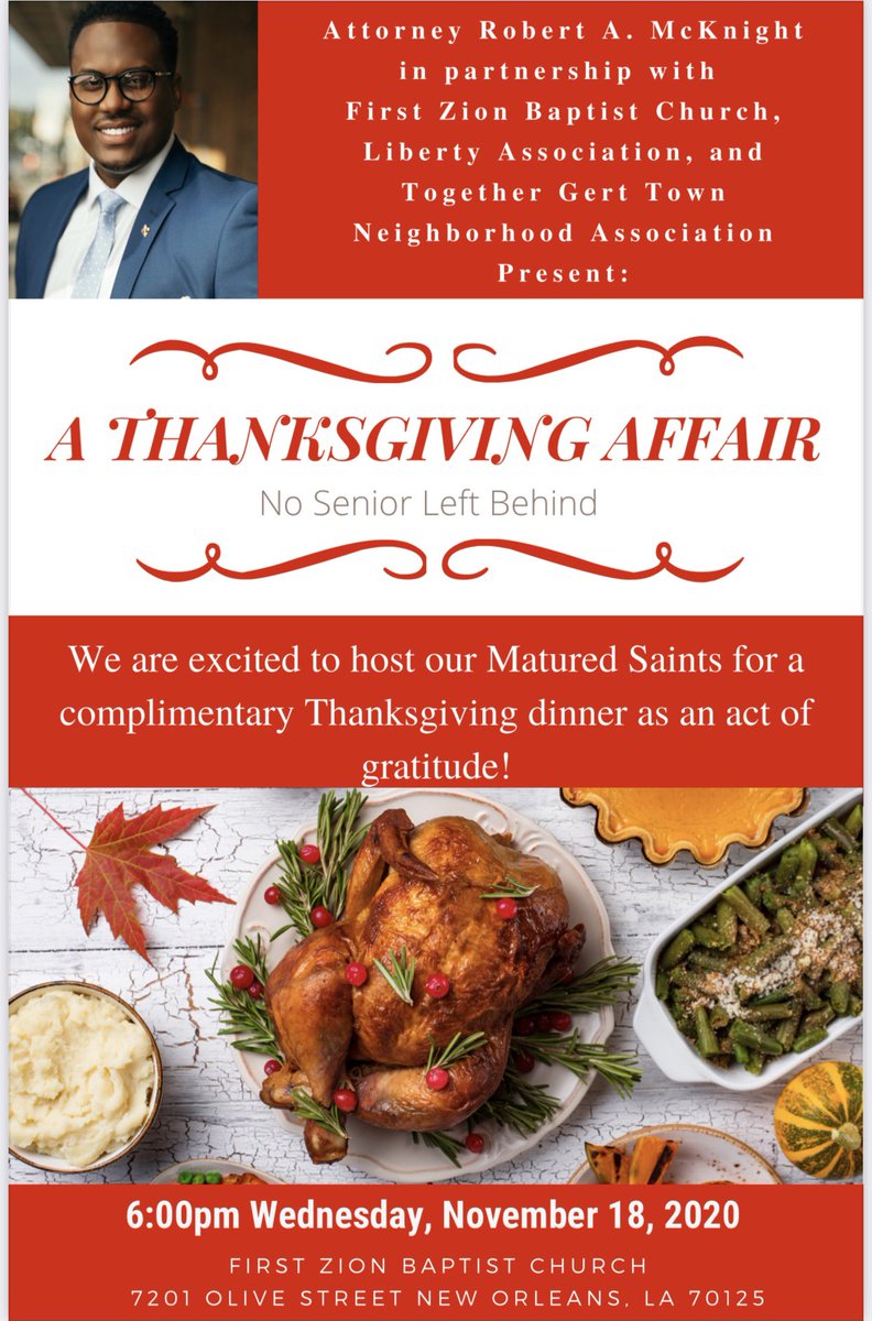 RobMcKnight0017's tweet photo. On November 18, I’m blessed  🙌🏾 and excited to partner with FirstZion BaptistChurch, Liberty Association, and Together Gert Town Neighborhood Association to provide complimentary Thanksgiving dinners to our senior citizens. #NoSeniorLeftBehind #SonofUptown #0017 https://t.co/XJ6gKNej4m