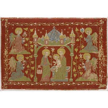 TapestryHistory's tweet photo. A book cushion cover from Germany, ca. 1400-1430

During the Middle Ages the church was an important patron of embroidery. This particular embroidery could be part of a portable or house altar. It shows the Holy Family which was common in different art during the Middle Ages. https://t.co/tWrerHr0TV