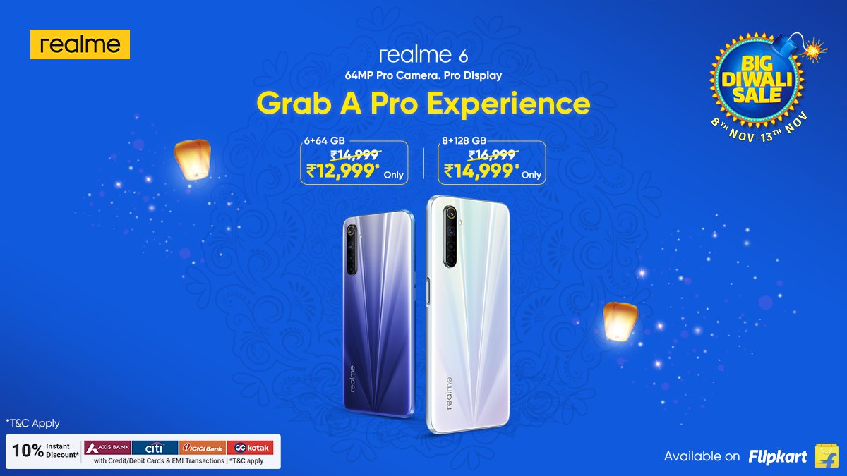 realmeIndia's tweet image. A 64MP #ProCameraProDisplay experience at a pro price!

Enjoy ₹2000 Off* and additional Bank Offers on the #realme6 during the #BigDiwaliSale on @Flipkart, till 13th November. 

*T&amp;amp;C Apply 

Know more: bit.ly/3oyPksx