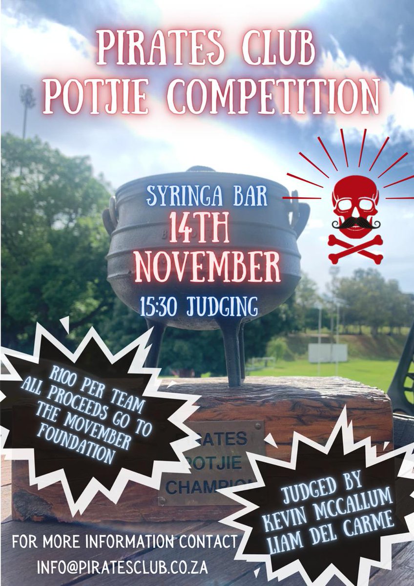 Following in the tradition of <a href="/David_Higgs/">David Higgs</a> and Peter Goffe Wood, <a href="/LiamDelCarme1/">liam del carme</a> and I will be judging a Potjiepot contest at <a href="/piratesclub_jhb/">Pirates Club</a> on Saturday.
All bribes will be considered. 
To enter… docs.google.com/forms/d/e/1FAI…
