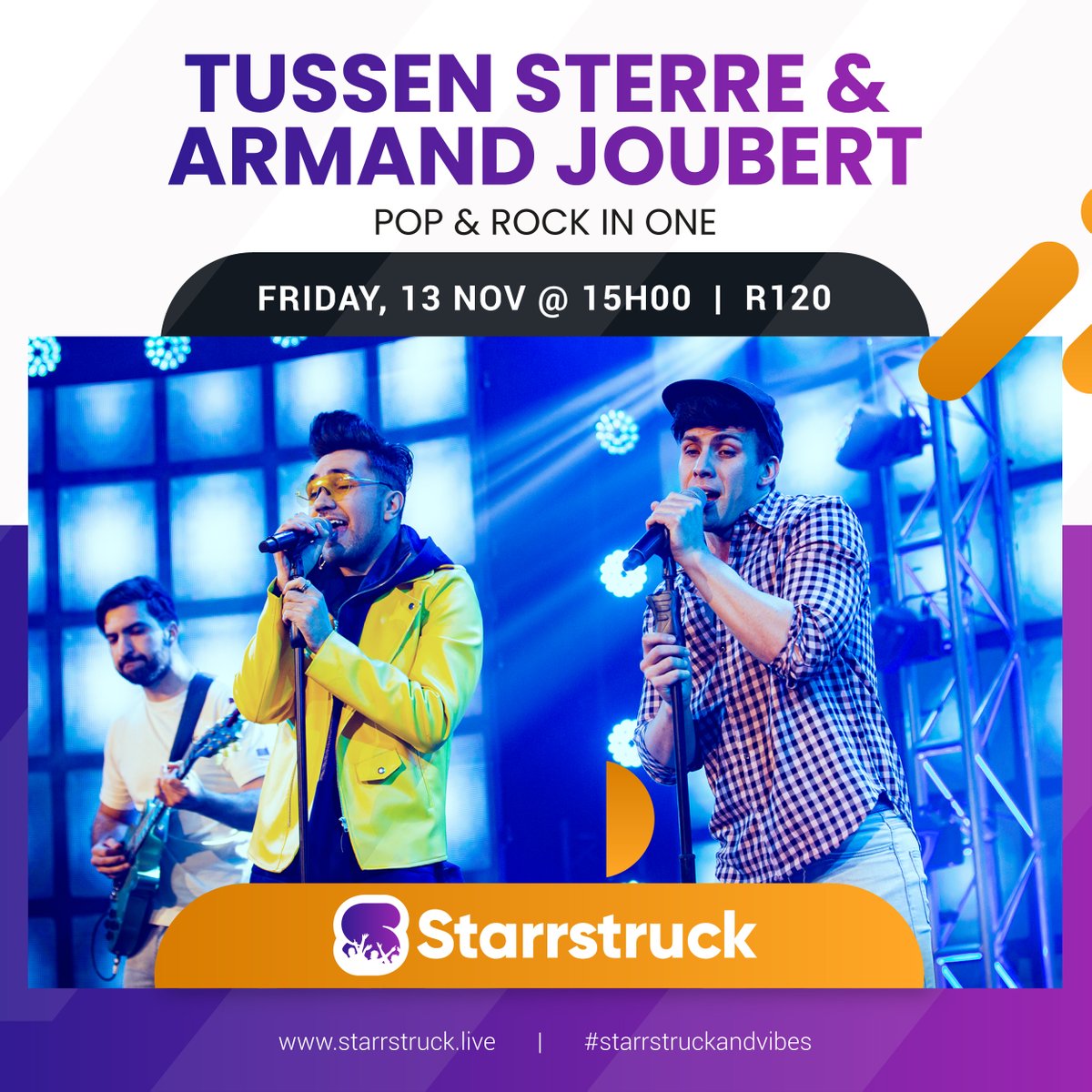 StarrstruckSA's tweet photo. If you just want to rock to some sweet jams, get your ticket for @TussenSterre and @ArmandJoubert’s performance on https://t.co/6cUfWf5z3f
#starrstruck #Starrstruckandvibes #GoldenCircleMoments #Vibes #WeekendPass #starrtime https://t.co/ZERTm97iFZ