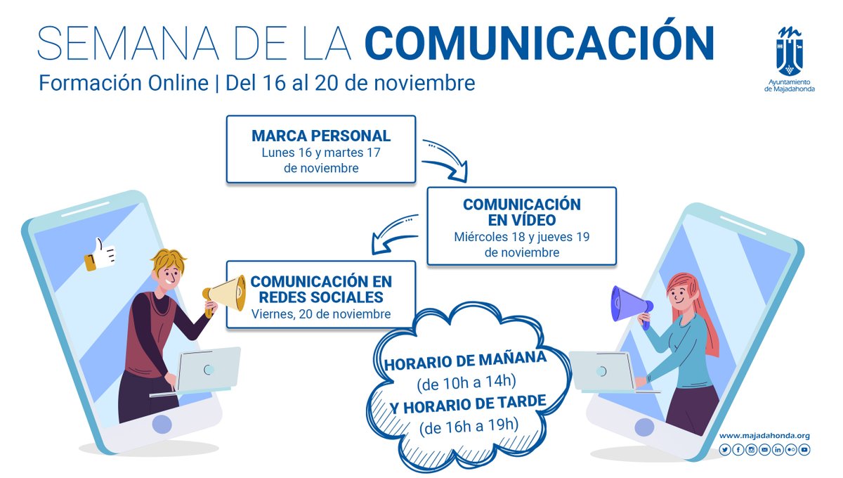 MajadahondaAyto's tweet photo. 🗣 #FormaciónOnline | Este mes hablamos sobre #Comunicación 

🔹Marca personal
🔹Comunicación en vídeo
🔹Comunicación en redes sociales

📆 Del 16 al 20 de noviembre
ℹ️ Infórmate 
https://t.co/hBA4uXBQq8 https://t.co/jzZFBKWaSX