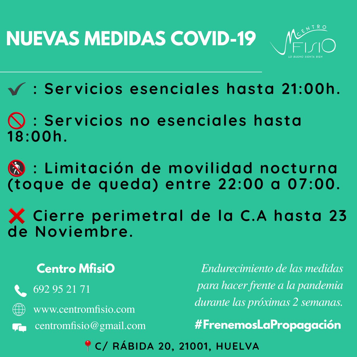 centromfisio's tweet photo. ⚠️ NUEVAS MEDIDAS COVID-19 ⚠️

La Junta de Andalucía (@AndaluciaJunta) ha anunciado un endurecimiento de las medidas para hacer frente a la pandemia 🐛 durante las próximas 2️⃣ semanas.

Nuestro #CentroMfisiO cuenta con el servicio esencial de #Fisioterapia.

#CentroMfisiO https://t.co/zjXZOrzd39