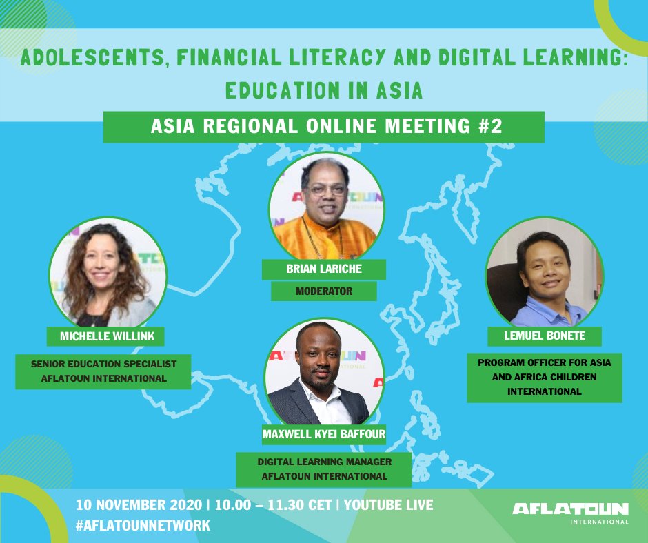 Aflatoun's tweet photo. 🌏 Join our second Asia regional online meeting tomorrow, Nov 10, on Youtube Live.
💡 We look forward to answering your questions about financial literacy and digital learning for adolescents.
💻 Set a reminder now: https://t.co/4aGtSXH0Up
#AflatounNetwork #ChildrenEmpowered https://t.co/0DgG8xtTdW