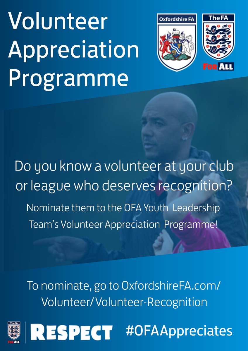 OxfordshireFA's tweet photo. VOLUNTEERS | #Oxfordshire FA and the #Oxfordshire FA Youth Council is delighted to announce that our Volunteer Appreciation Programme is BACK for 2020-21!

During a season with more challenges than ever - help us recognise our #grassroots legends.

👏 https://t.co/zYaHlgJjmC https://t.co/FgRKIu9yKd
