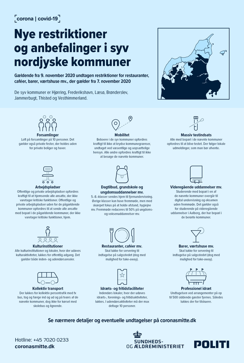 Lokaler, hvor der udøves idræts-, fritids- og foreningsaktiviteter, herunder idrætshaller, svømmehaller, m.v., skal holde deres lokaler lukket for offentligheden til og med den 3. dec. i de 7 berørte kommuner.

Læs mere og evt. undtagelser på:
coronasmitte.dk/restriktioner-… #covid19dk