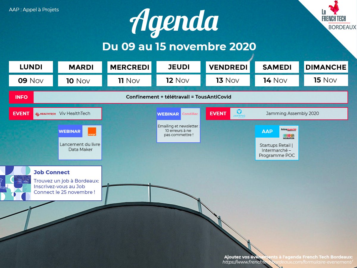 FrenchTechBdx's tweet photo. 🗓 Vos évènements #FrenchTech #Bordeaux de la semaine ➡ @Viv_Healthtech, @Orange_France, @CondillacExpert, @1KBordeaux, @intermarche, @fenrir_studio_ #JammingAssembly... 🔥
Infos 👉 https://t.co/PR7mwbUoLm https://t.co/bRf3QBclGP