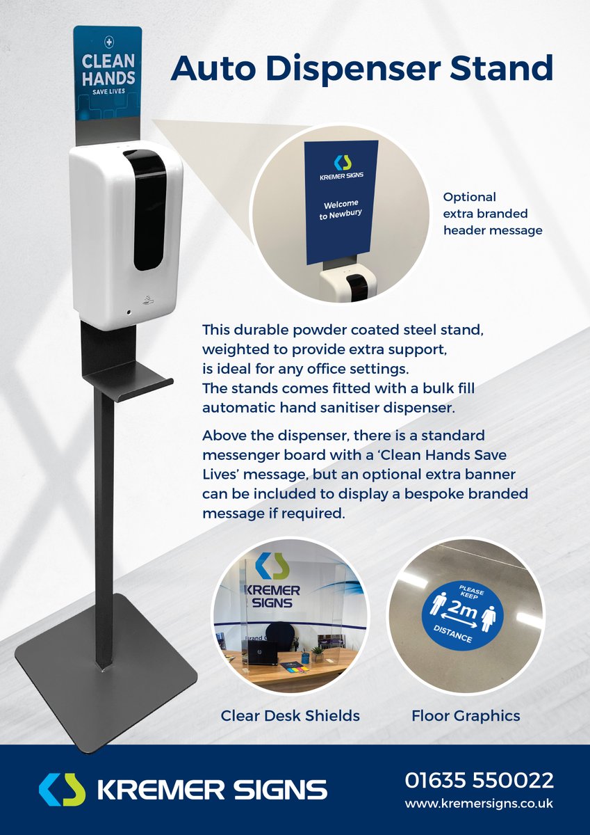 KremerSignsUK's tweet photo. ✅ Auto Dispenser Stand ✅
NEW PRODUCT ALERT🚨
New to the market this week and part of our COVID Secure range, is this auto dispenser stand 👏🏼
📞 01635 550022
📧 sales@kremersigns.co.uk
#COVIDSecure #Dispenser #DispenserStand #COVIDDispenser #HandSanitiser #AutoDispenser https://t.co/Zn8NODSwOR