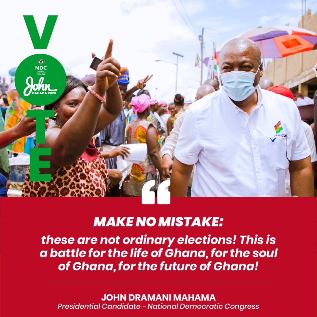 JDMahama's tweet photo. Make no mistake: this is not an ordinary election. It is a battle for the life of our beloved country, Ghana. 

For Jobs &amp; Prosperity for all, Vote John Mahama. 

#AllGhanaiansMatter
#JMandJane2020
#NDCmanifesto https://t.co/1z6l0Pc7OV