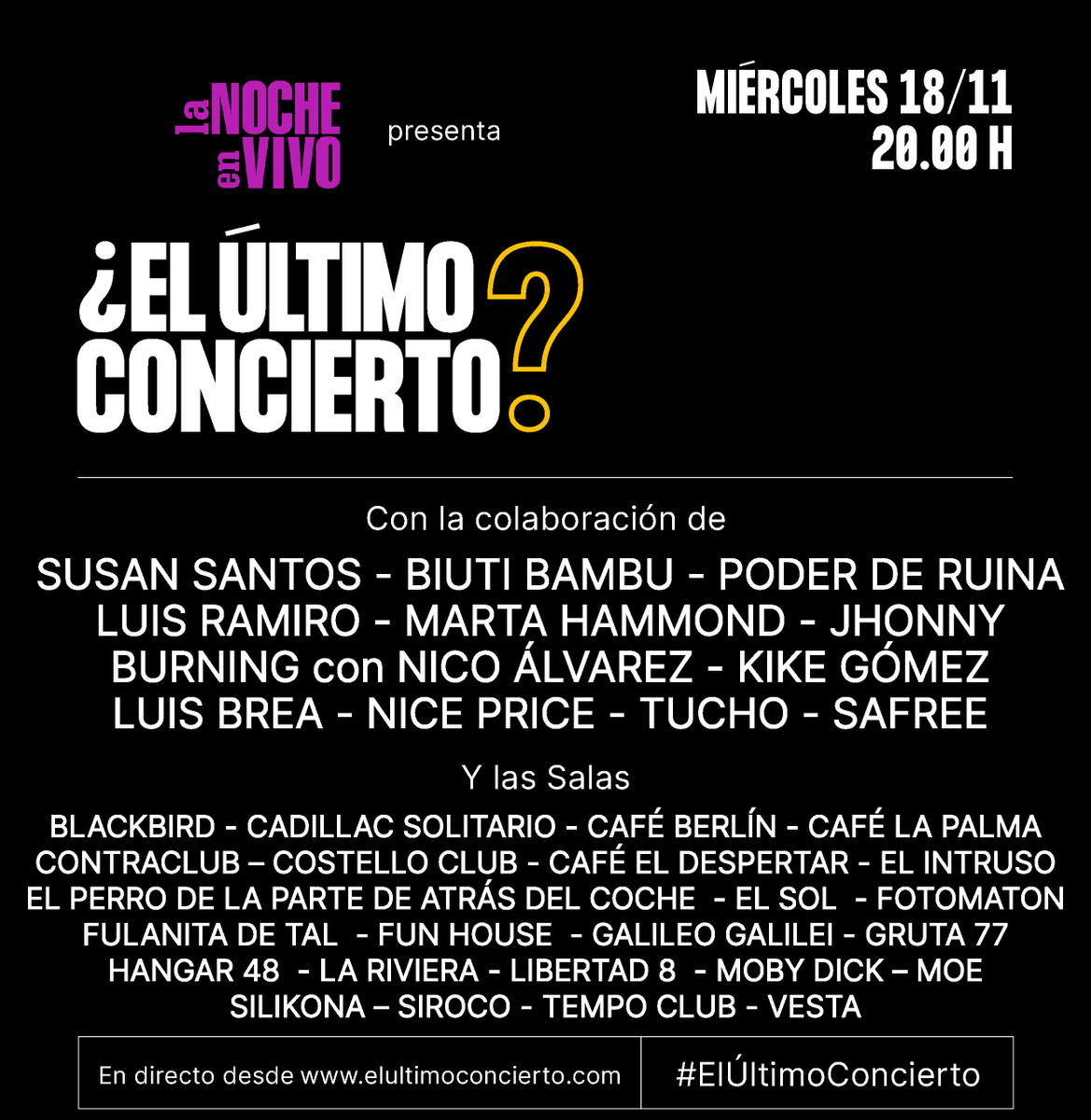 madridenvivo's tweet photo. El próximo 18 de noviembre ¿El Último Concierto?  en streaming a las 20h en https://t.co/7tRGjOlv6p

#ElÚltimoConcierto #somoslanocheenvivo #lanocheenvivo #salasdemusica #musicaenvivo #culturasegura https://t.co/m6mT5Wz9kJ