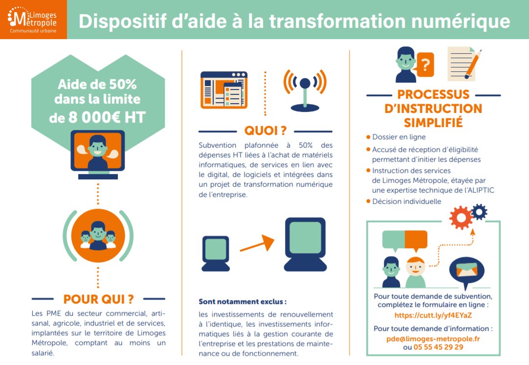 aliptic_'s tweet photo. #TransfoNum : @LimMetropole lance un dispositif d'aide financière à la Transfo Numérique ! 👋

👉 Pour qui : PME sur le territoire Limoges Métropole, au moins 1 salarié
👉 Comment : Aide de 50% max dans la limite de 8000€HT de dépenses
👉 Tout savoir : https://t.co/yZSibeVp0k https://t.co/9g2CXrB40K