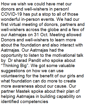 AatmajaF's tweet photo. Aatmaja’s first virtual donor summit- https://t.co/w05nVFrGcD