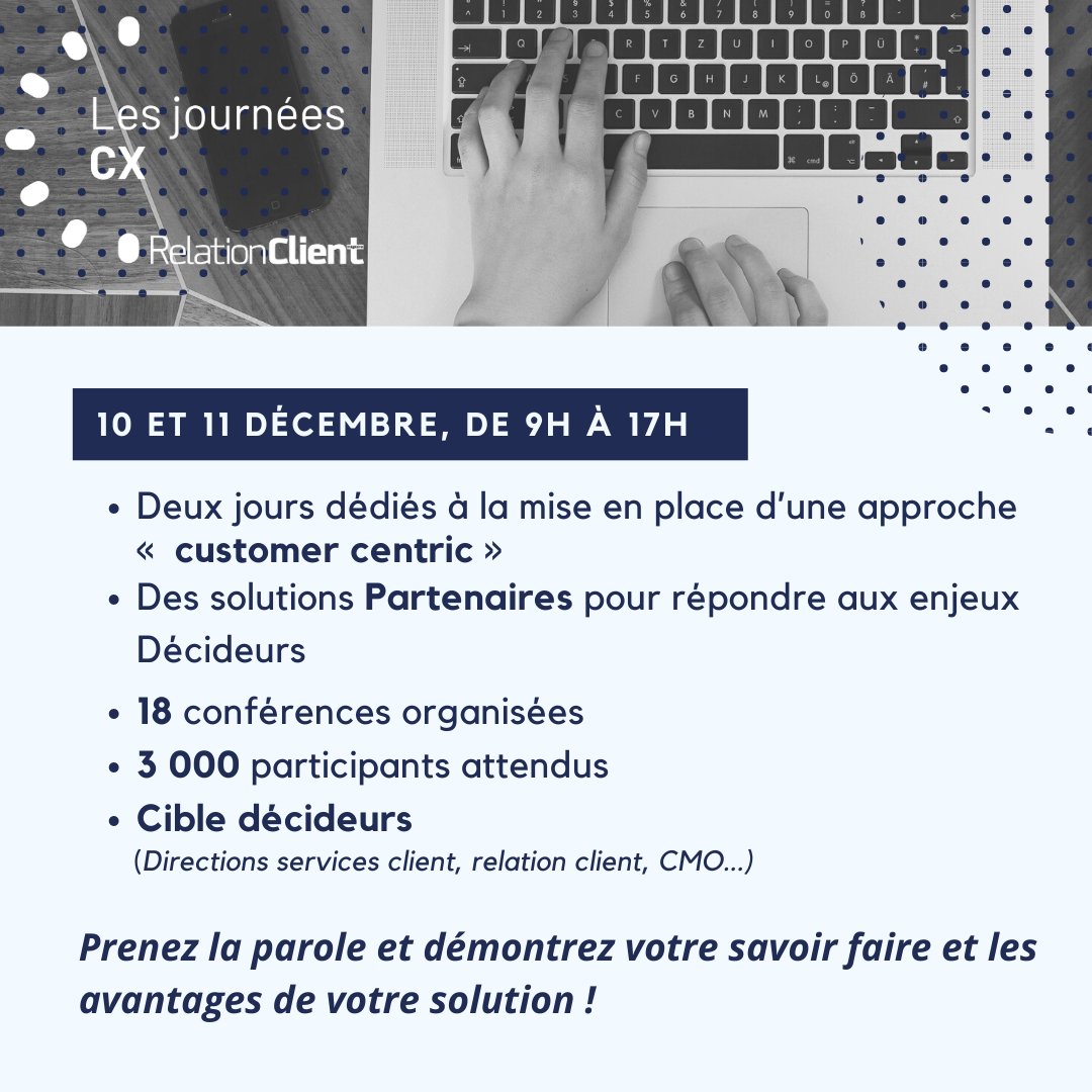 NetMedia_Group's tweet photo. 📢 @Relationcltmag client organise les Journées CX les 10 et 11 décembre prochains, de 9h à 17h ! Prenez la parole sur un sujet dédié, présentez vos produits et solutions pour répondre aux problématiques des décideurs !
#conférence #événement #digital #netmediagroup #journée https://t.co/4qrlsz22A3