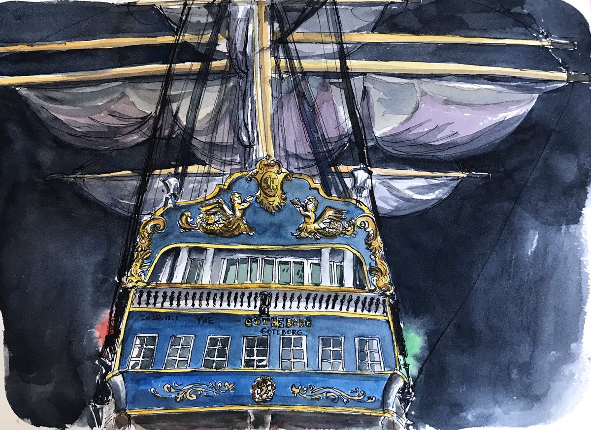DrawingSailor's tweet photo. Stern of East Indiaman Götheborg. She once sailed a nice 8 or 9 knots with the transom and spanker only. 31/100
#nauticalart #watercolor #tallship #100daysofprojects #nightsailing #ostindiefararen https://t.co/2onEjwubSO