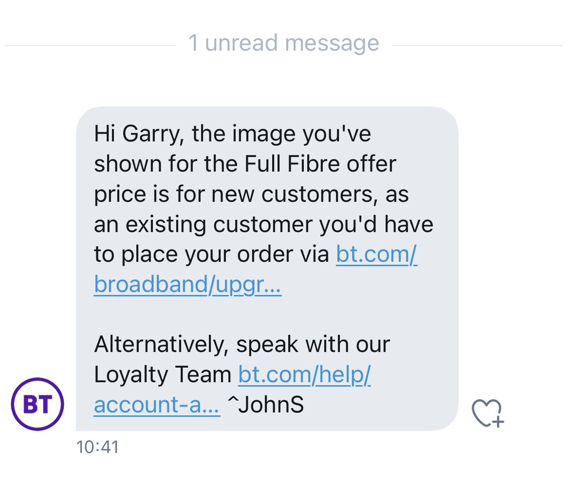 digitalgarry's tweet photo. @bt_uk Sorry DMing me this and thinking everything is resolved is not particularly helpful. There is nothing on your page that advises this is for New Customers only. https://t.co/3PH8gVYuUq