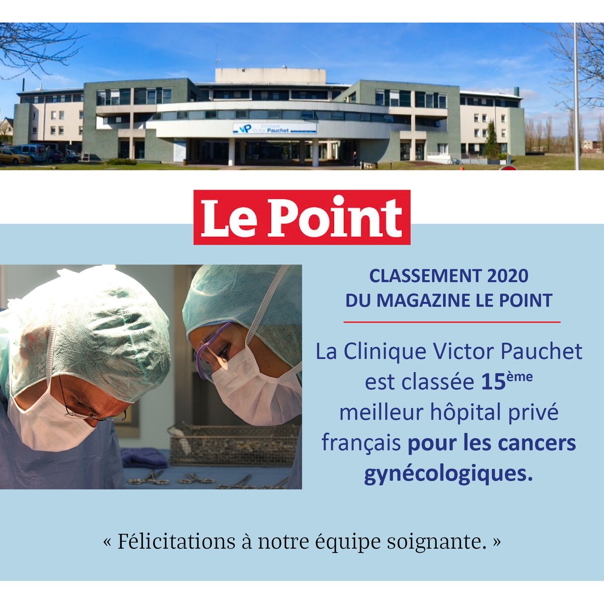 CLASSEMENT LE POINT 2020 🩺
- - - - - - - - - - - - - - - - - - - - - - - - - -
La Clinique Victor Pauchet est classée 15ème meilleur hôpital privé français pour les CANCERS GYNÉCOLOGIQUES. 🏅