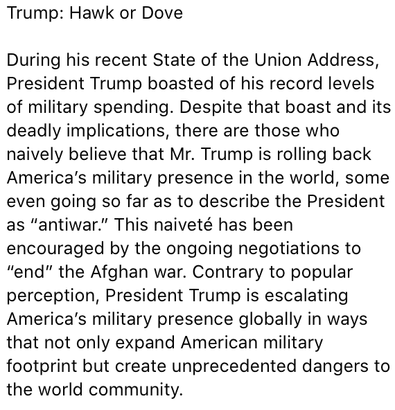 Bizarre seeing some Muslims so upset at the suggestion that Trump is not substantially better in the war arena. It's one thing to be upset at s/o saying Trump is bad, his predecessor good; another to be upset at s/o saying all these guys are pretty bad. https://www.facebook.com/imamzaidshakir/photos/trump-hawk-or-doveduring-his-recent-state-of-the-union-address-president-trump-b/10156971661628359/