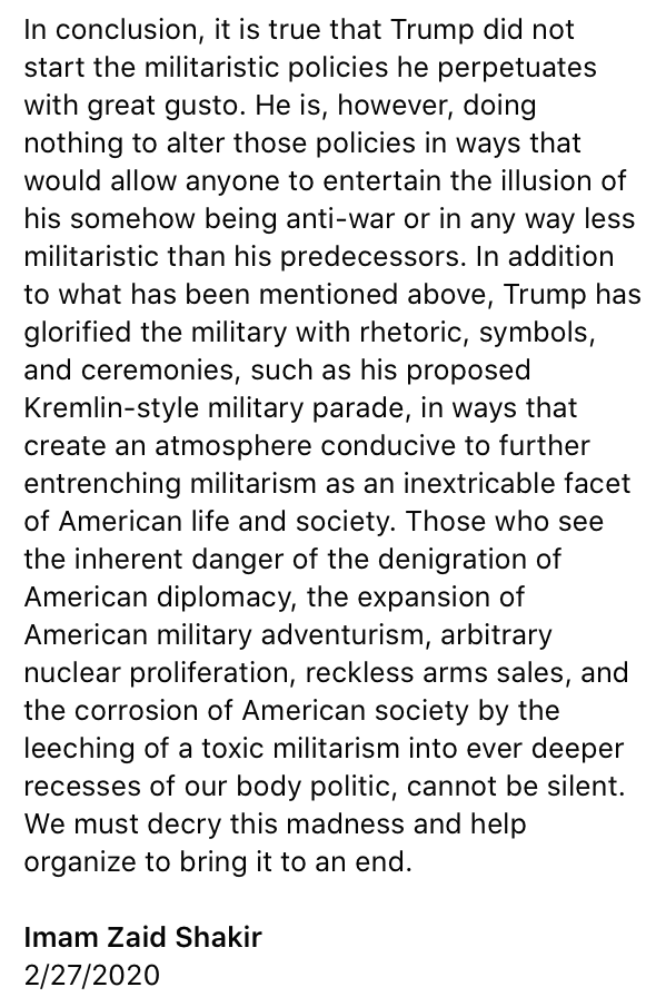 Bizarre seeing some Muslims so upset at the suggestion that Trump is not substantially better in the war arena. It's one thing to be upset at s/o saying Trump is bad, his predecessor good; another to be upset at s/o saying all these guys are pretty bad. https://www.facebook.com/imamzaidshakir/photos/trump-hawk-or-doveduring-his-recent-state-of-the-union-address-president-trump-b/10156971661628359/