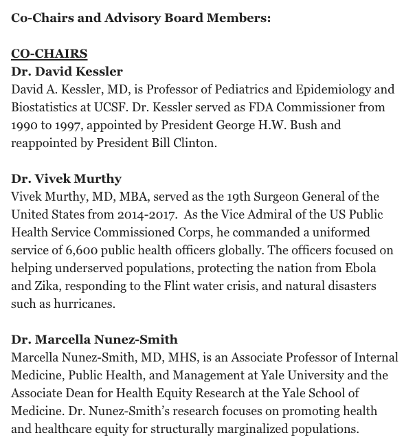 JTHVerhovek's tweet photo. NEW: Biden-Harris transition names its COVID-19 advisory board

Co-chairs:
David Kessler
Vivek Murthy
Marcella Nunez-Smith

Others:
Luciana Borio
Rick Bright (!)
Ezekiel Emanuel
Atul Gawande
Celine Gounder
Julie Morita
Michael Osterholm
Loyce Pace
Robert Rodriguez 
Eric Goosby https://t.co/UbI8aPW1a7