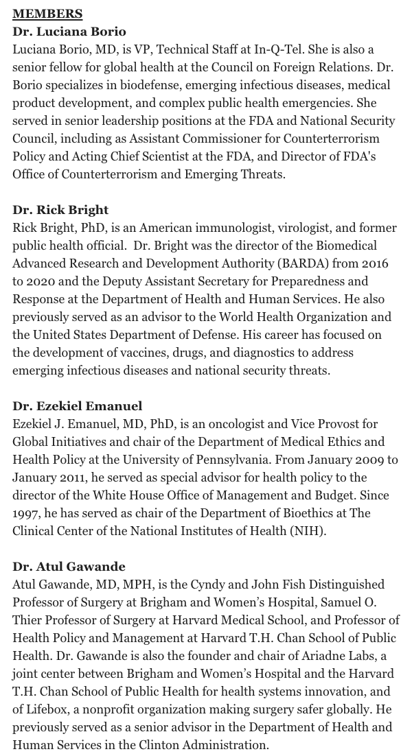 JTHVerhovek's tweet photo. NEW: Biden-Harris transition names its COVID-19 advisory board

Co-chairs:
David Kessler
Vivek Murthy
Marcella Nunez-Smith

Others:
Luciana Borio
Rick Bright (!)
Ezekiel Emanuel
Atul Gawande
Celine Gounder
Julie Morita
Michael Osterholm
Loyce Pace
Robert Rodriguez 
Eric Goosby https://t.co/UbI8aPW1a7