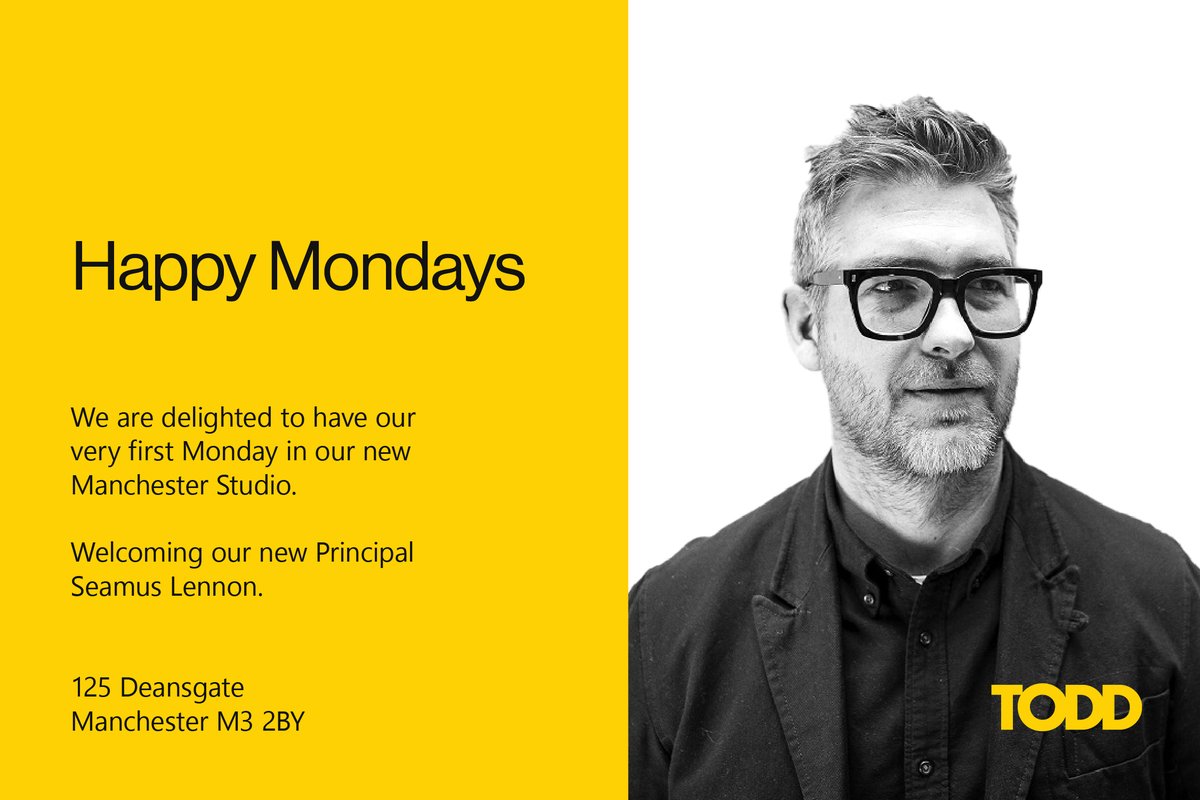 TODDArchitects's tweet photo. Happy Mondays! We are delighted to have our very first Monday in our new #Manchester studio. It’s being headed by @seamus_lennon. 
#designingplaceforpeople #onetodd #toddmanchester #awardwinning #studiolaunch #manchesterbusiness #northwest #happymondays #architects #ilovemcr https://t.co/Fl1uBQuYPo