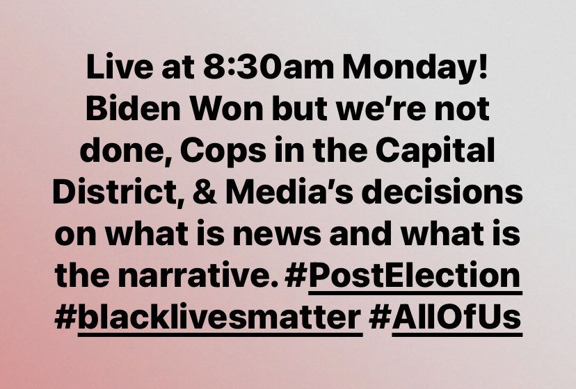 UntitledAndFree's tweet photo. Facebook Live at 8:30am Monday! Biden Won but we’re not done, Cops in the Capital District, & Media’s decisions on what is news and what is the narrative. #PostElection #blacklivesmatter #AllOfUs #UntitledAndFree https://t.co/UcTNAW5hLk