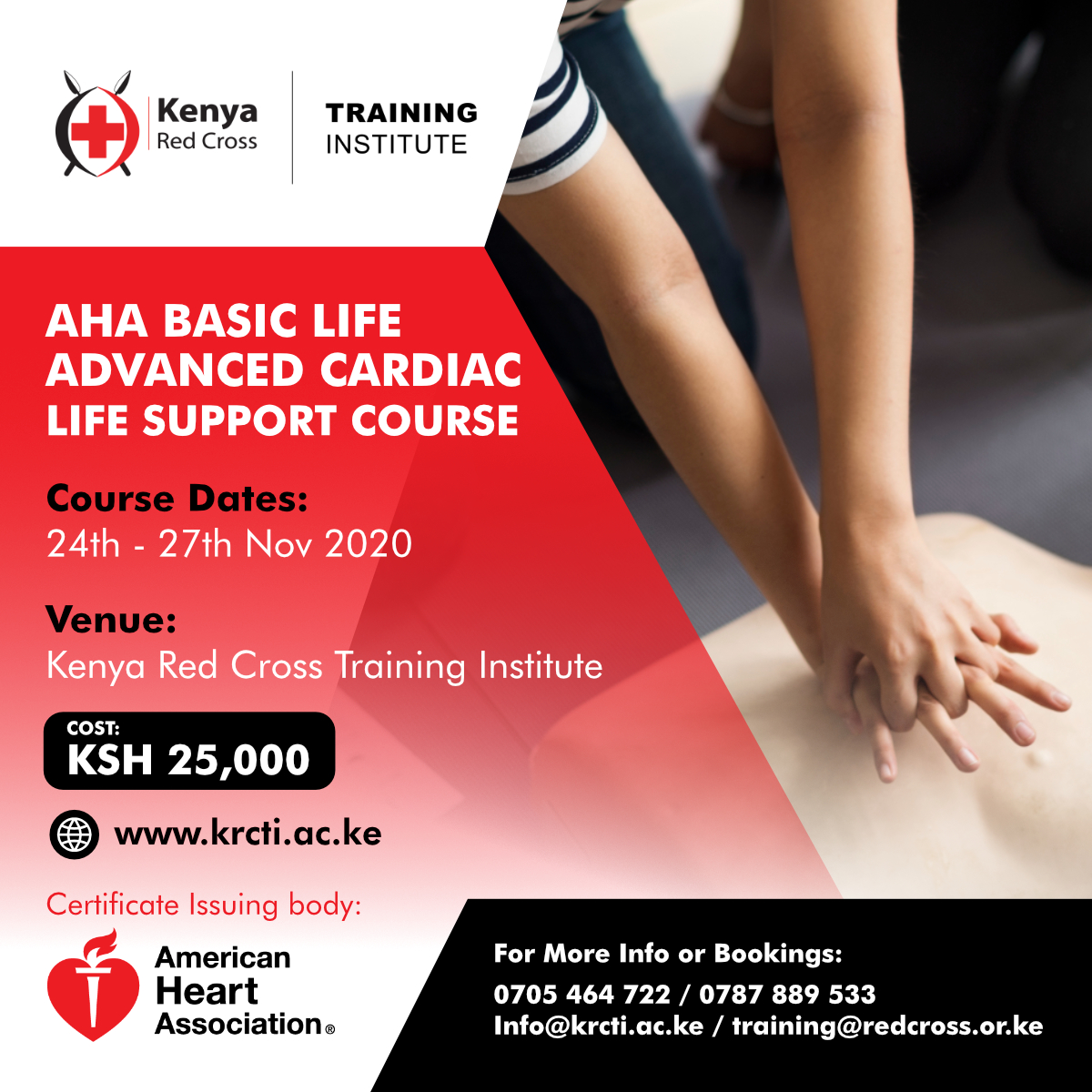 KRCTI_Kenya's tweet photo. Have you booked your slot for the Basic and Advanced Life Support Course?
Don't miss out!
For more information;
Call:0705464722/0787889533
Email:info@krcti.ac.ke/training@redcross.or.ke https://t.co/zhAZchxqOV