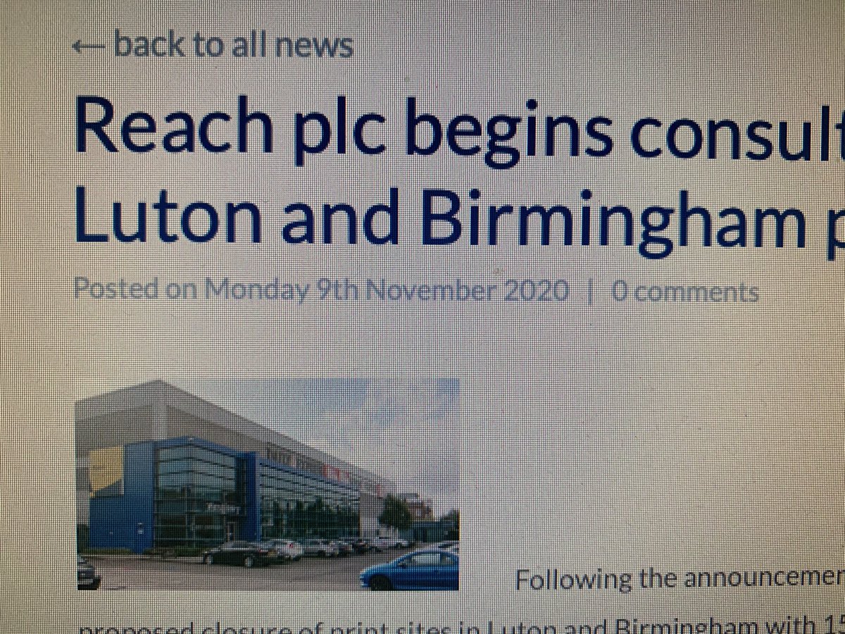 Reach consults over closure of Westferry Luton and Birmingham print plants. 150 jobs at risk. Details at pjnews.co.uk