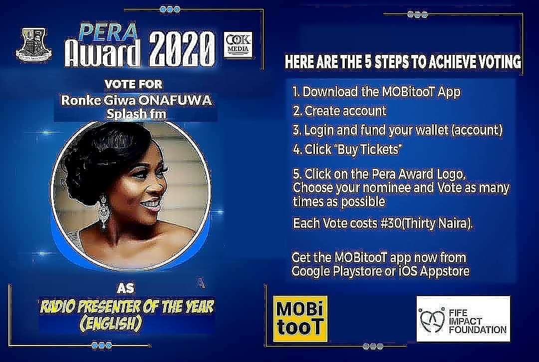 SplashFM1055's tweet photo. Here's a way to express your love towards your favorite OAP π
Vote Ronke Giwa Onafuwa @ronkegiwa1 as The Best Radio Presenter of the Year (English)
To vote, kindly follow the instructions on the bannerπ
Thanks for your support always...
#PeraAwards
#RonnieG
#Splashfm1055 https://t.co/zEVzPV0268