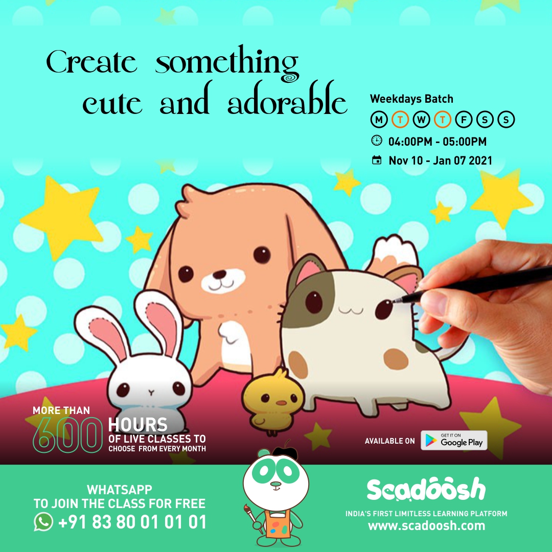 SCADOOSHLABS's tweet photo. Starting 10th Nov 2020! Shadow Puppetry! Quilling Art! Being Curious! Kawaii Drawing and Tales from Thirukkural! All this and more classes happening now at Scadoosh! Download &amp; Register on the app. https://t.co/ngGyFFsDmj #scadoosh #quilling #kawaii #beingcurious #puppetry https://t.co/PMQFCh50PC