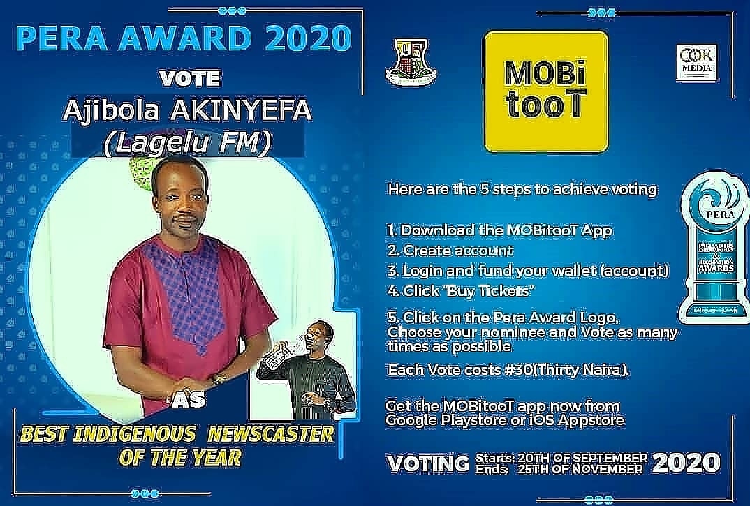 LageluFM967's tweet photo. Here's a way to express your love towards your favorite OAPπ
Vote Ajibola Akinyefa @ajibolaakinyefa as the Best Indigenous Newscaster of the Year.
To vote, kindly follow the instructions on the bannerπ
#PeraAwards
#AjibolaAkinyefa
#Lagelufm967 https://t.co/hOZ3tQTsXD