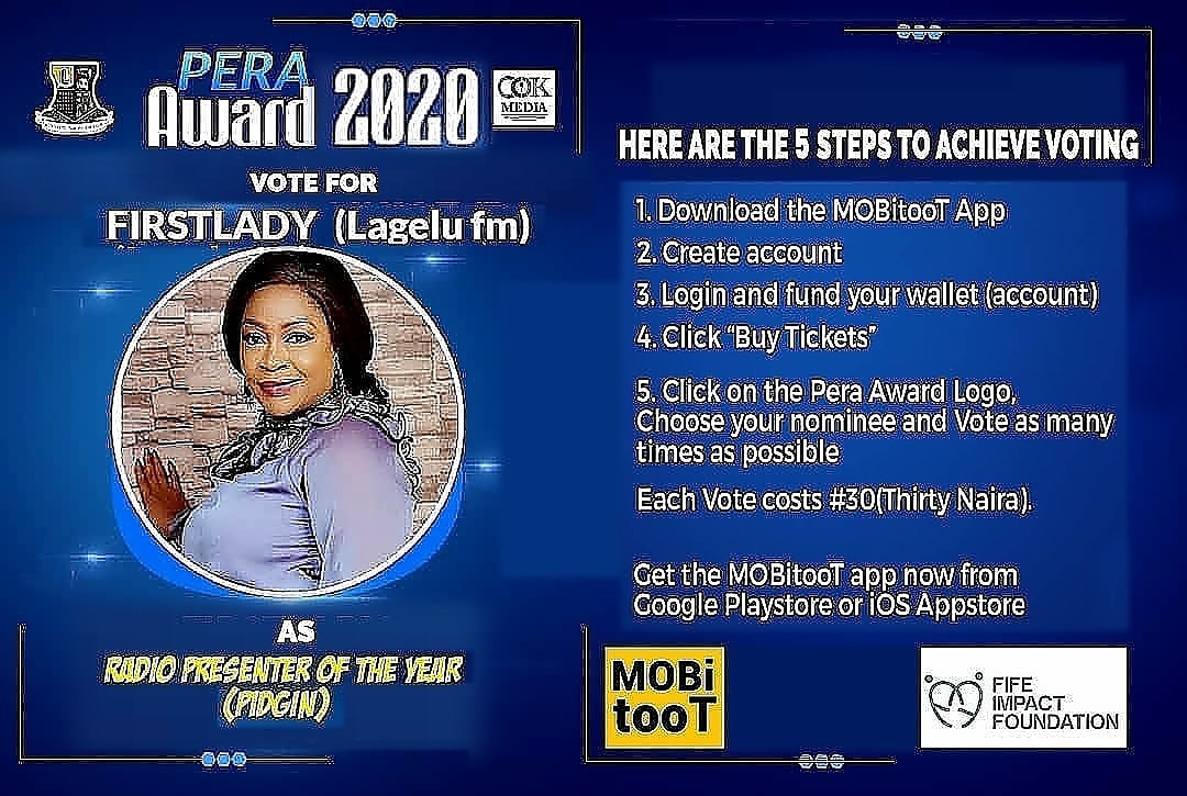 LageluFM967's tweet photo. Here's a way to express your love towards your favorite OAP π
Vote Ebby Dickinson @radio_empress_ as the Best Radio Presenter of the Year (Pidgin).
To vote, kindly follow the instructions on the bannerπ
#PeraAwards
#Firstlady
#Lagelufm967 https://t.co/FCcXpsJo3t