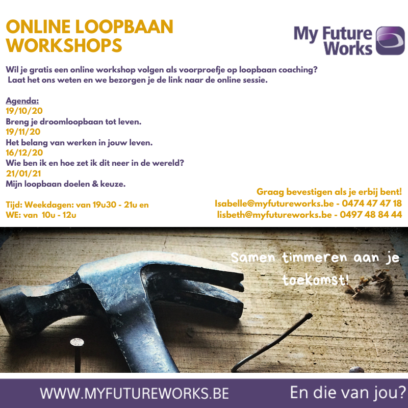LisbethPeeters's tweet photo. Elke maand een nieuw thema i.v.m. je werk. Neem de gratis online uitnodiging aan om je te laten uitdagen op jouw loopbaan!
Geef me een seintje via lisbeth@myfutureworks.be.

#loopbaanbegeleiding #coaching #worklifebalance https://t.co/lbQdsM5KB0