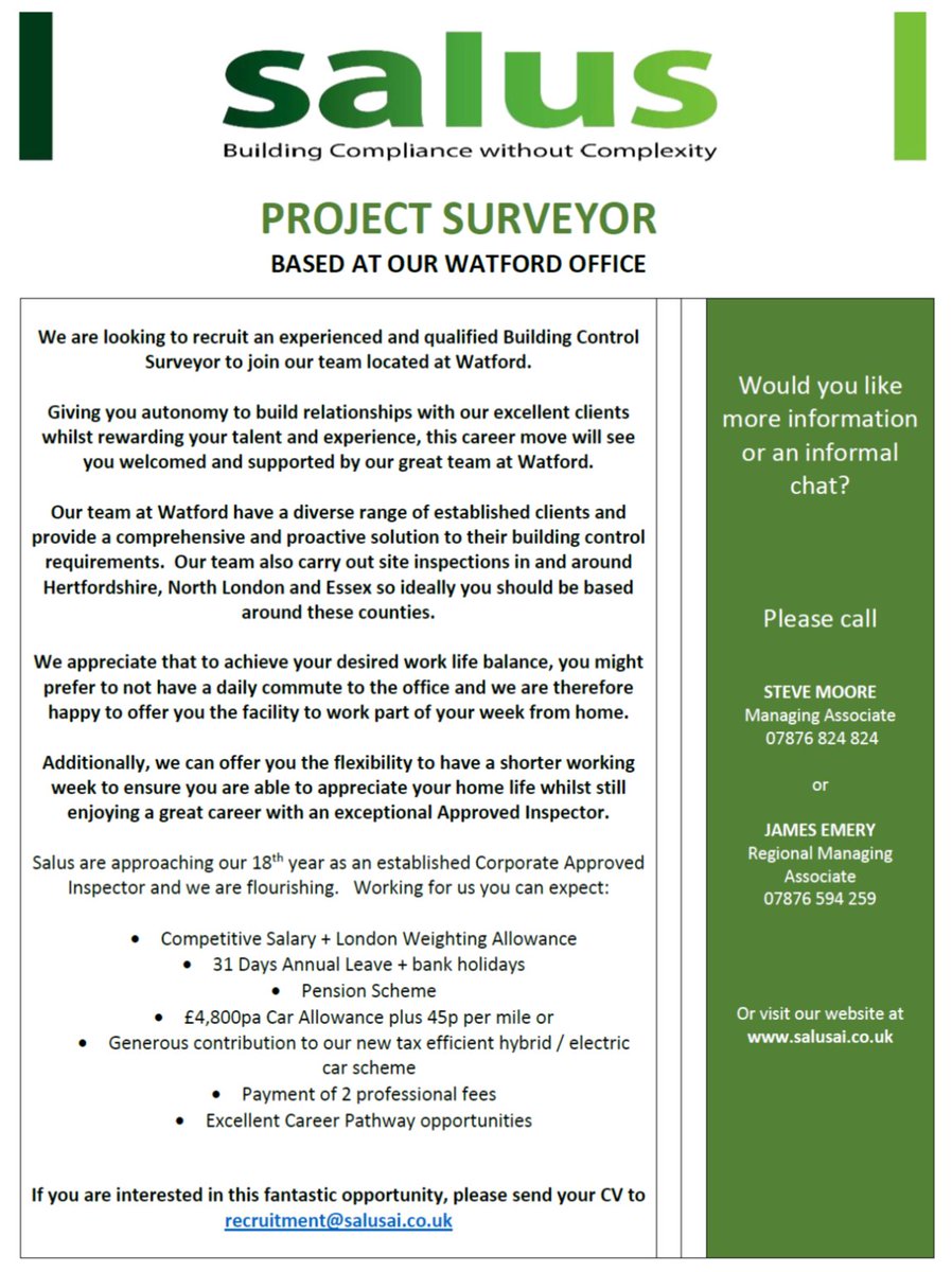 We have a fabulous opportunity for an experienced and qualified Building Control Surveyor at our Watford Office.  Get in touch with us for more information  #buildingcontrol #salusai #careerinbuildingcontrol #buildingcontrolsurveyor #bestjobever