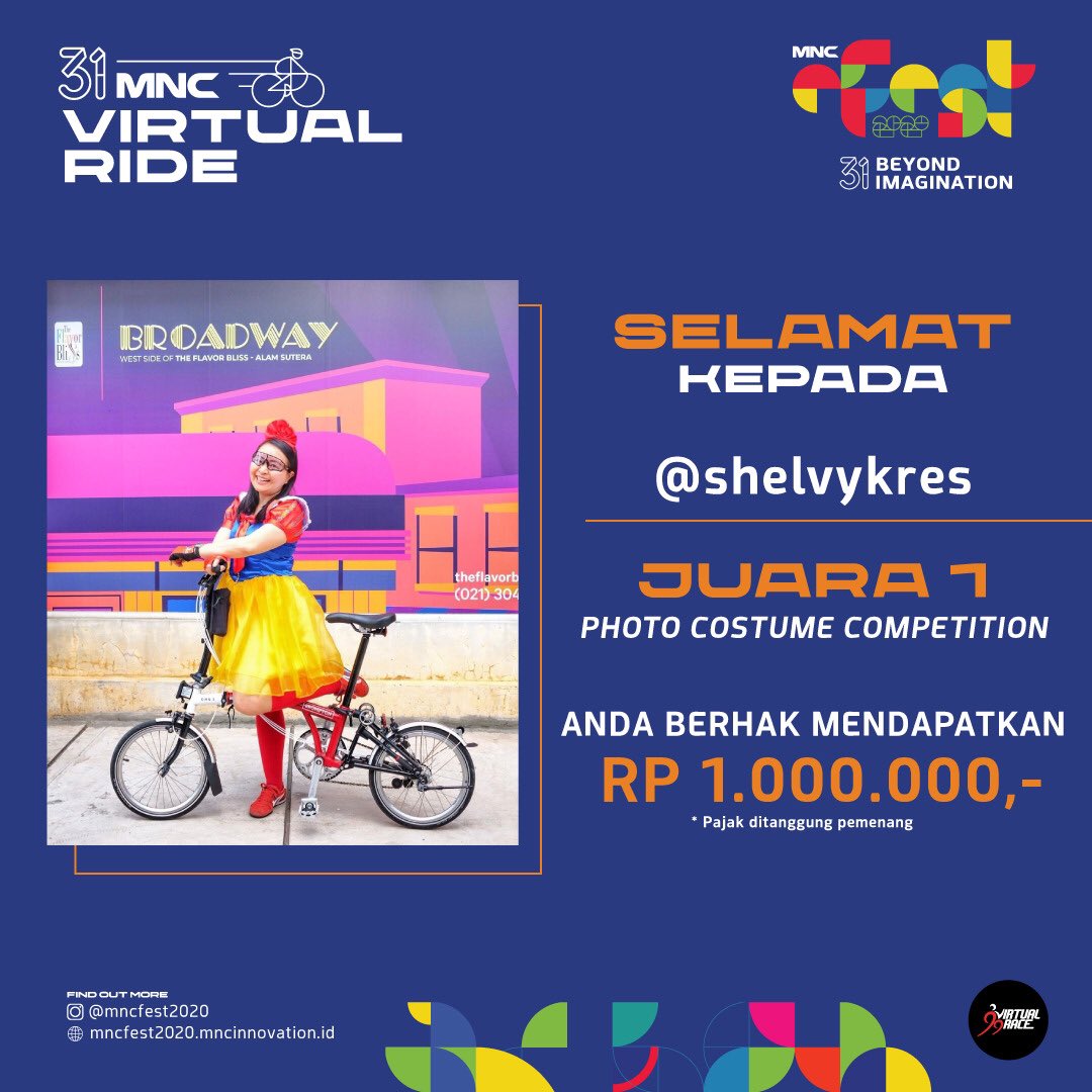 MNCMediaEvents's tweet photo. Selamat kepada para pemenang foto kontes kostum MNC 31 Virtual Ride! Kalian berhak mendapatkan hadiah uang tunai sesuai peringkat juara. jangan bersedih. Ikuti terus keseruan berbagai acara lainnya di @rctievents 😎 https://t.co/ZiJih7Obua