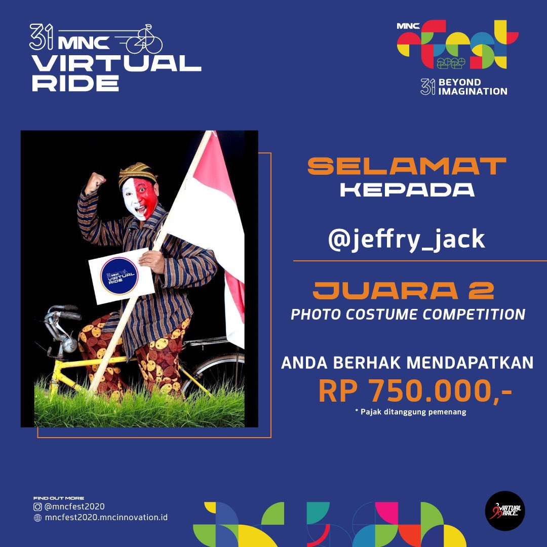 MNCMediaEvents's tweet photo. Selamat kepada para pemenang foto kontes kostum MNC 31 Virtual Ride! Kalian berhak mendapatkan hadiah uang tunai sesuai peringkat juara. jangan bersedih. Ikuti terus keseruan berbagai acara lainnya di @rctievents 😎 https://t.co/ZiJih7Obua