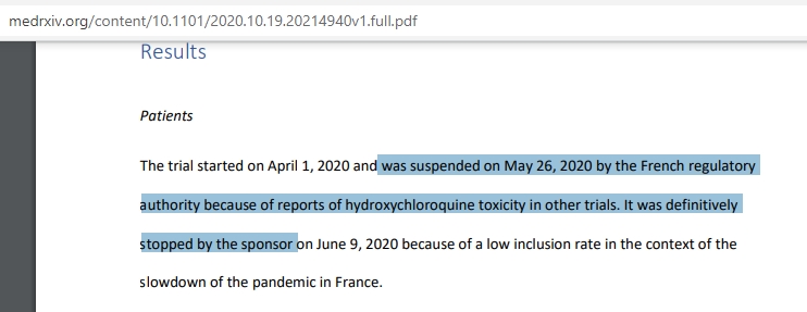 Donc Hycovid, étude dans 48 hôpitaux en France en avril. Dose de 400mg x2 le 1er jour, puis 200mg 2x par jour pendant 8 jours. 226 patients randomisés, 110 avec traitement.Financé en partie par le Ministère de la Santé, qui a arrêté l'essai après le Lancet frauduleux. (suite)