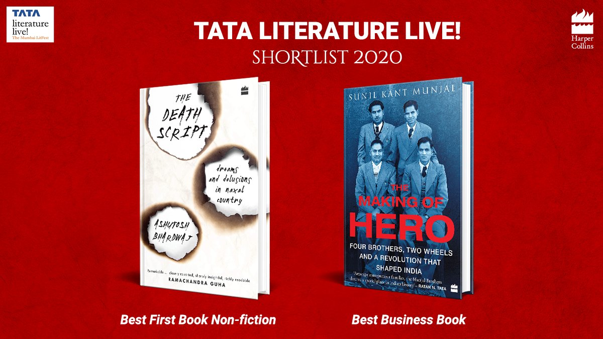 HarperCollinsIN's tweet photo. We're thrilled to announce that #TheDeathScript and #TheMakingOfHero have been shortlisted for @tatalitlive
 Awards 2020.
#TatalitLiveAwards2020 #TataLitLiveShortlist https://t.co/n0JdPGCDAi