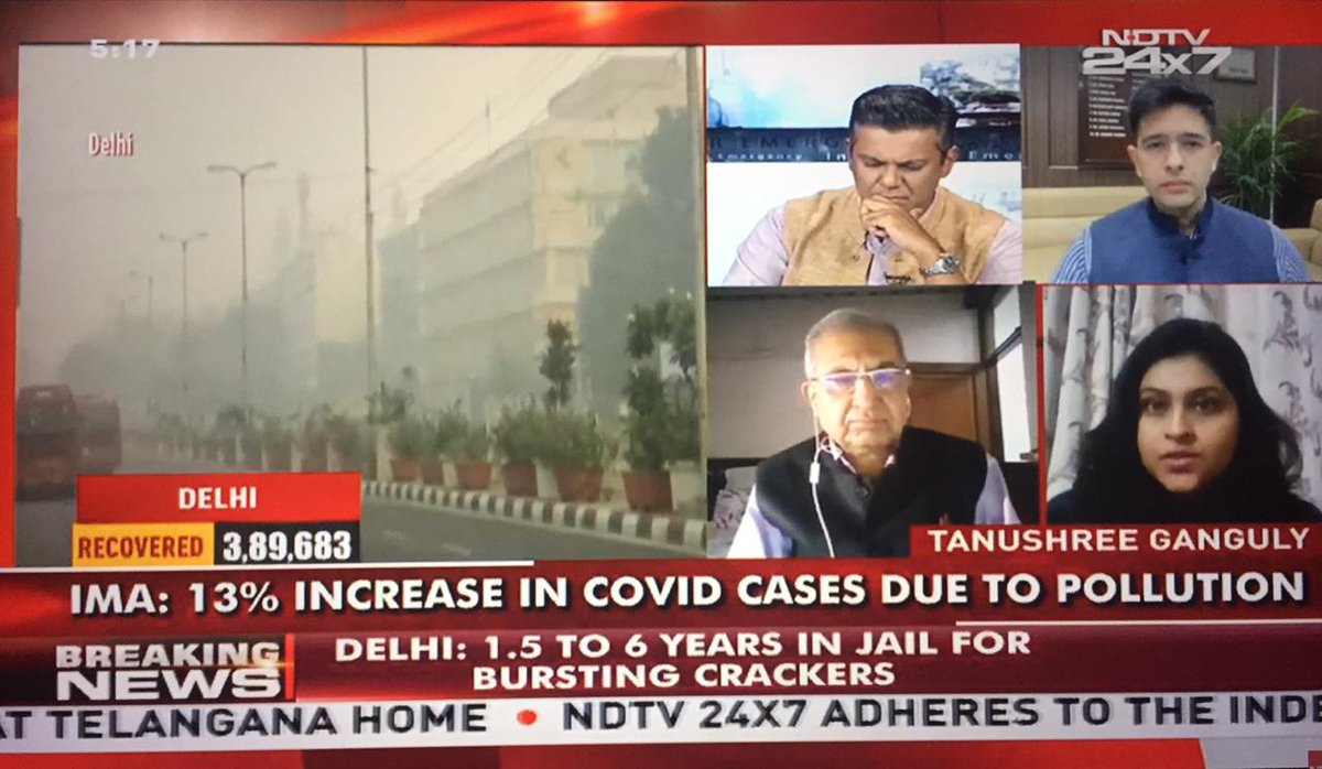  #AirPollution  #DelhiPollution The smog might clear in the next couple of days due to changes in meteorological conditions. But the PM2.5 levels will continue to remain well over 60 ug/m3 in all likelihood in the coming days:  @tanushree_g on  @ndtv  @VishnuNDTV