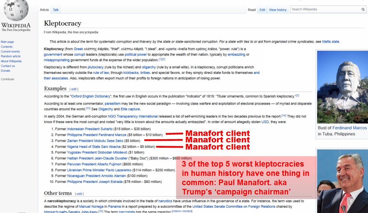 I added this, from Wikipedia article on Kleptocracy. To illustrate where Manafort's most notorious clients sit on the all-time list: