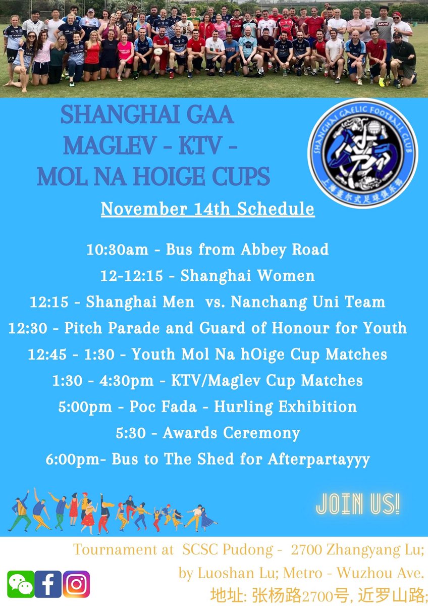 shanghaigaa (@shanghaigaa) on Twitter photo Join Shanghai GAA this Saturday November 14th at SCSC Pudong for our Mol Na hOige, KTV & Maglev Cups! Promises to be an amazing day on and off the pitch! Join Shanghai GAA this Saturday November 14th at SCSC Pudong for our Mol Na hOige, KTV & Maglev Cups! Promises to be an amazing day on and off the pitch!