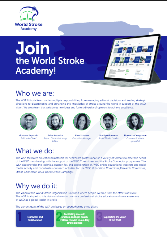 WorldStrokeEd's tweet photo. Join the World Stroke Academy 🎓

We've created a flyer 📰 to give you a better idea of
1⃣𝒘𝒉𝒐 𝒘𝒆 𝒂𝒓𝒆 , 2⃣𝒘𝒉𝒂𝒕 𝒘𝒆 𝒅𝒐 and 3⃣𝒘𝒉𝒚 𝒘𝒆 𝒅𝒐 𝒊𝒕.

If you have , get in touch with us / send us a DM! 📩

-Gustavo, Anita, Alina, Rodrigo and Flor- 👥 https://t.co/txNdIEmGX3