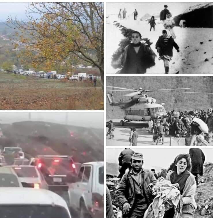 im_valid_'s tweet photo. Armenians leaving Karabakh today (left) VS Azerbaijanis leaving their homes 28 years ago (right)! Those who couldn't leave in time were killed, women and children were raped! 
DIFFERENCE OF DIGNITY &amp; HONOR !
#armenianterror 
#ArmenianAggression 
#KarabakhisAzerbaijan https://t.co/rHo1l71K7g
