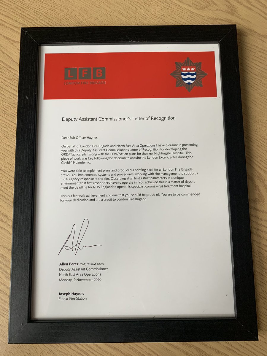 LFBTowerHamlets's tweet photo. Sub Officer Joseph Haynes of white watch #Poplar received a Deputy Assistant Commissioner’s Letter of Recognition from the @NorthEastDAC for his fantastic work surrounding LFB’s various response plans should we need to respond to an incident at #London ‘s Nightingale Hospital 👏🏻 https://t.co/xaGBkw4SiS