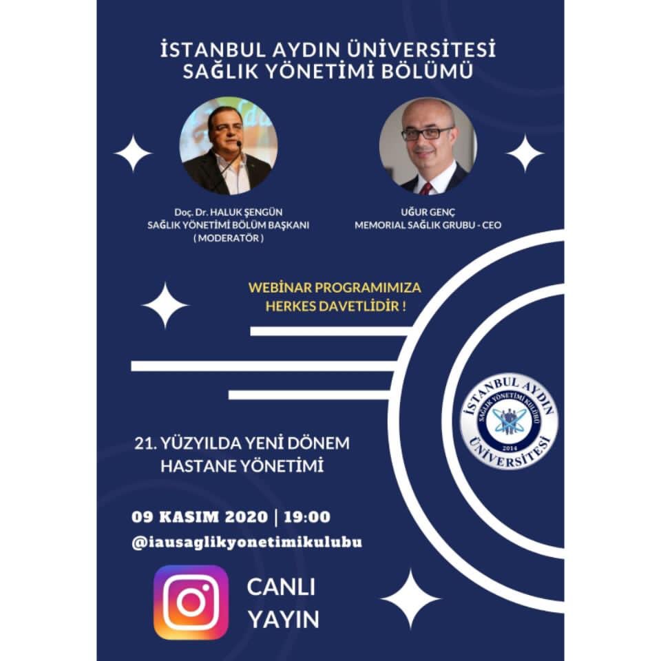 09 Kasım 2020 Pazartesi günü saat 19:00’da instagram canlı yayını üzerinden gerçekleştireceğimiz ‘’Memorial Sağlık Grubu-CEO’su Uğur GENÇ’’ ile ‘’ 21.yüzyılda Yeni Dönem Hastane Yönetimi’’ konulu söyleşimize hepiniz davetlisiniz.