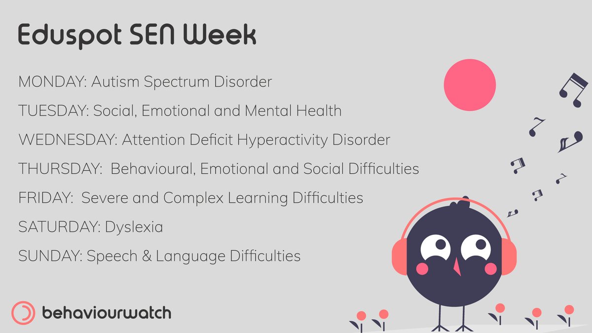 Eduspot_UK's tweet image. This week, we're talking all things SEN. We'll be providing you with information and chatting with industry professionals about the following topics. Check back each day to learn more! 🥰✨

#EduspotSENWeek #EduTwitter